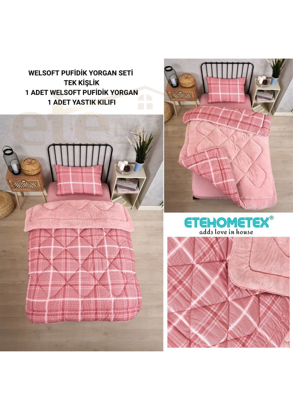 ETE HOMETEX TEK KİŞİLİK LÜX WELSOFT YORGAN SETİ SAFİR PUDRA 155X215CM 8696474231934